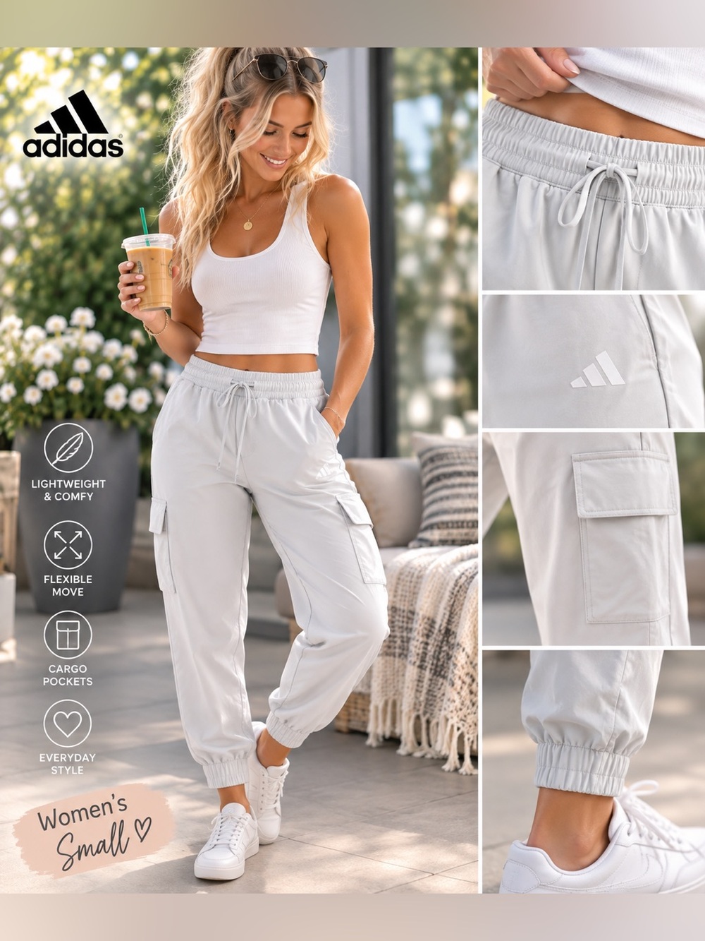 NWT - S - ADIDAS - Women's Light Gray Cargo Jogger Pants